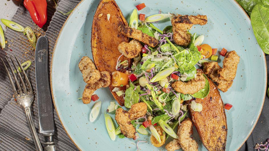 Vegetarische Filetstreifen mit Süßkartoffel I Garder